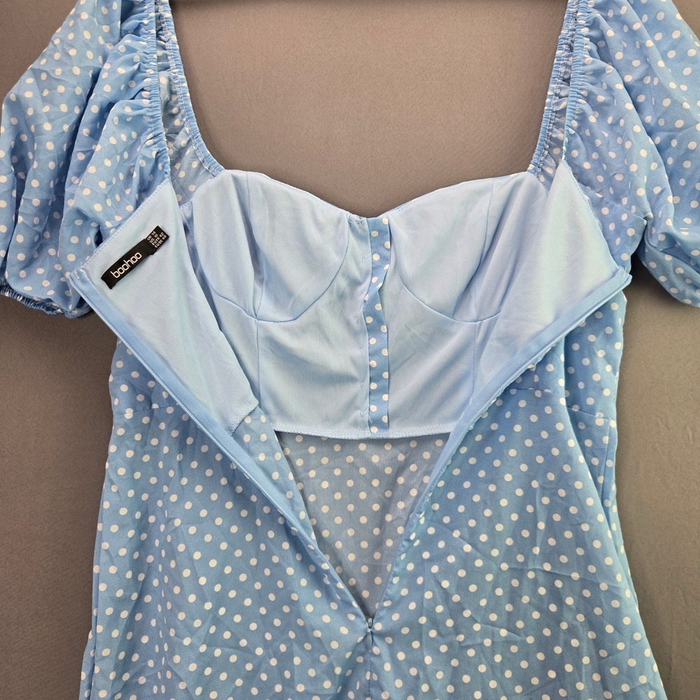 Boohoo Polka Dot Mini Dress Puff Sleeve Ruffle Hem Size 10 Blue White Vintage - Picture 7 of 7